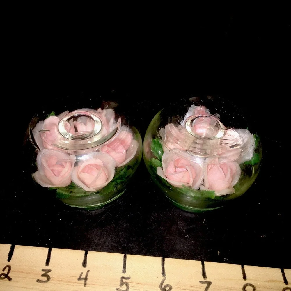 Candle Holders 2 Glass Terrarium Pink Roses Shabby Cottage Core Candles Not Iclu